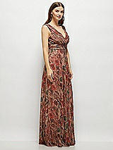 Side View Thumbnail - Harvest Floral Print Draped V-Neck Fall Floral Pleated Metallic Maxi Dress