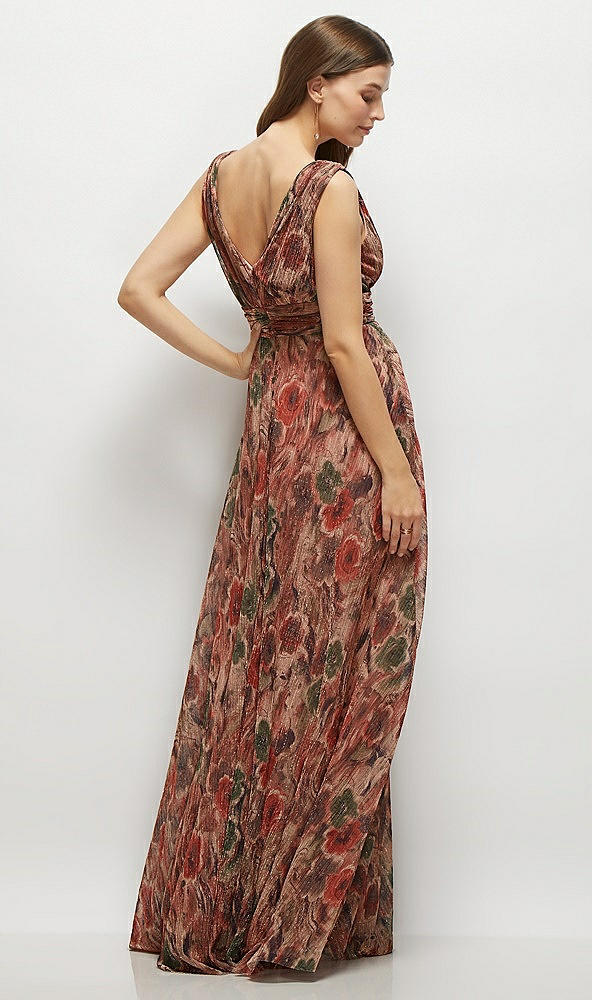 Back View - Harvest Floral Print Draped V-Neck Fall Floral Pleated Metallic Maxi Dress
