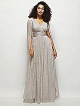 Front View Thumbnail - Metallic Taupe Streamer Sleeve Pleated Metallic Maxi Dress with Full Skirt