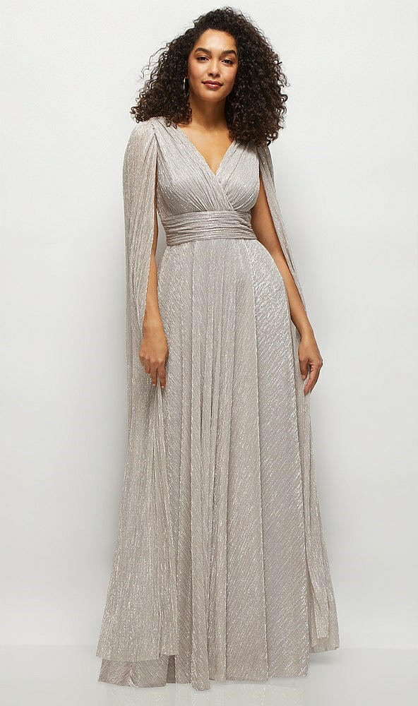 Front View - Metallic Taupe Streamer Sleeve Pleated Metallic Maxi Dress with Full Skirt