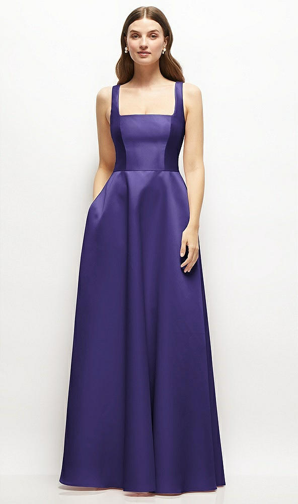 Front View - Grape Square-Neck Satin Maxi Dress with Full Skirt