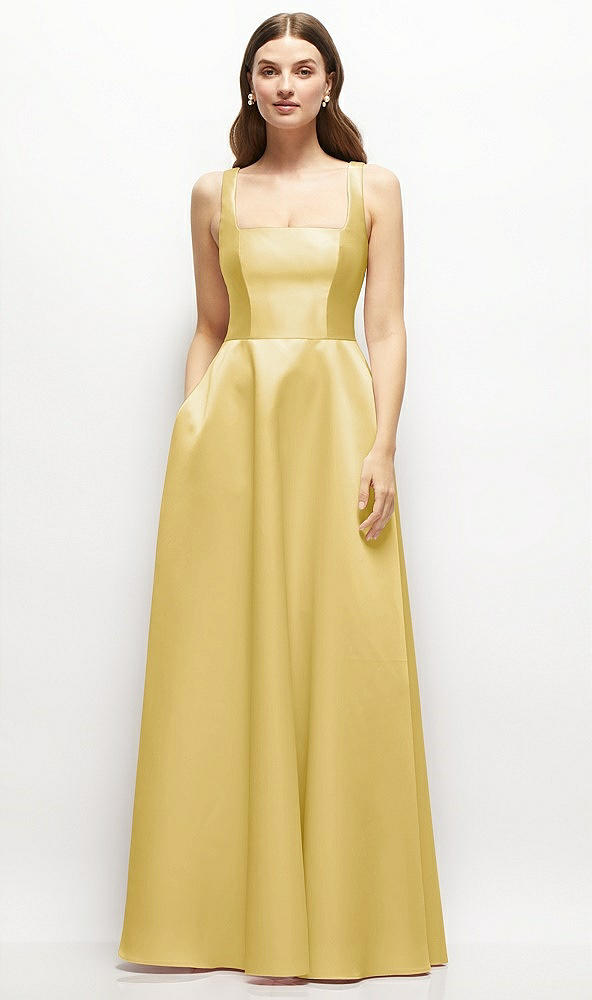 Front View - Maize Square-Neck Satin Maxi Dress with Full Skirt