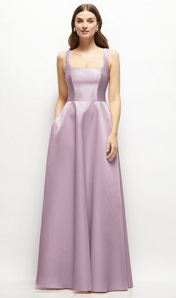 Front View - Suede Rose Square-Neck Satin Maxi Dress with Full Skirt