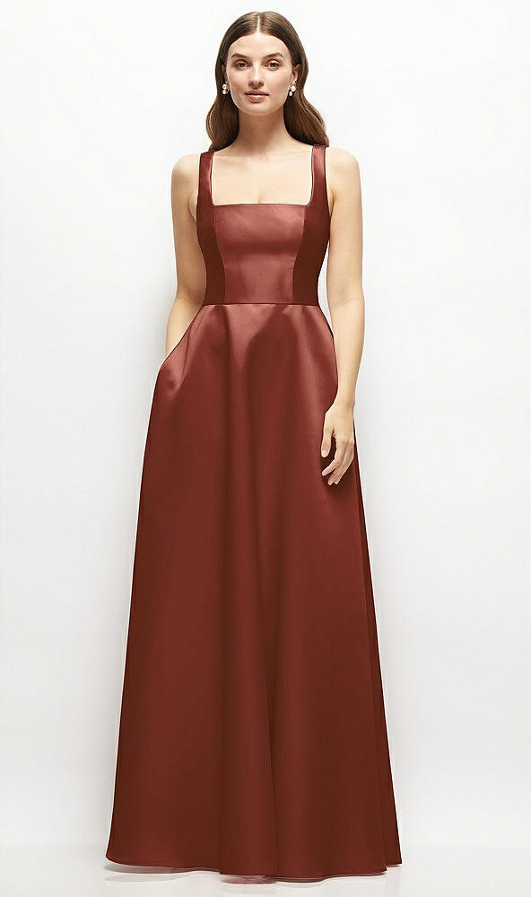 Front View - Auburn Moon Square-Neck Satin Maxi Dress with Full Skirt