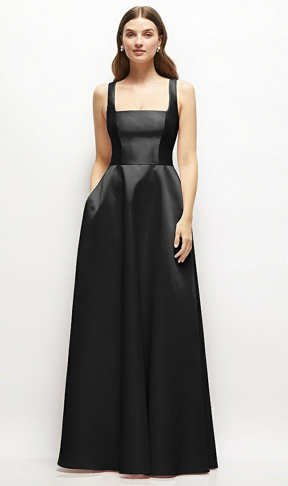 Front View - Black Square-Neck Satin Maxi Dress with Full Skirt