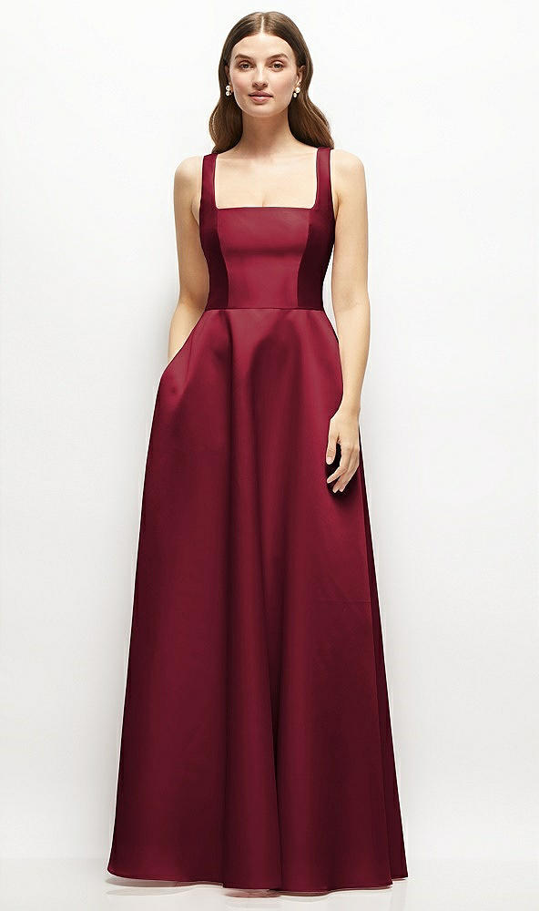 Front View - Burgundy Square-Neck Satin Maxi Dress with Full Skirt