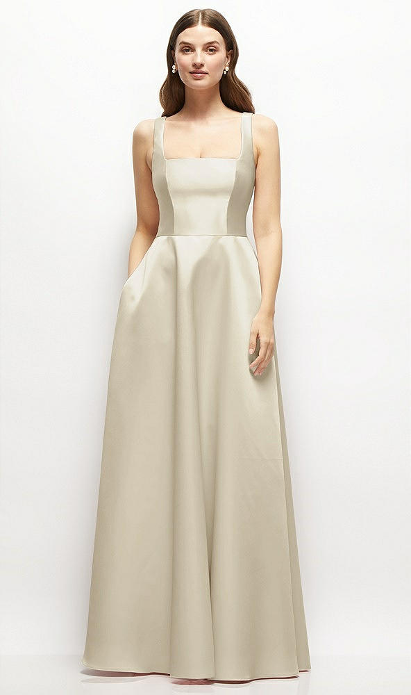 Front View - Champagne Square-Neck Satin Maxi Dress with Full Skirt