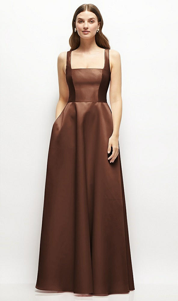 Front View - Cognac Square-Neck Satin Maxi Dress with Full Skirt