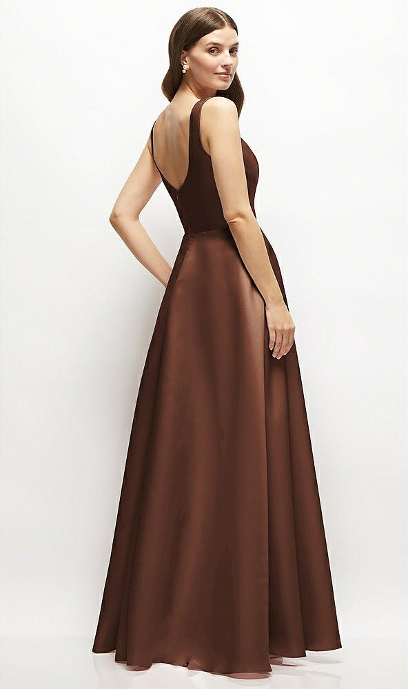 Back View - Cognac Square-Neck Satin Maxi Dress with Full Skirt