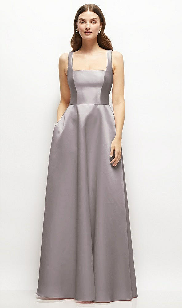 Front View - Cashmere Gray Square-Neck Satin Maxi Dress with Full Skirt