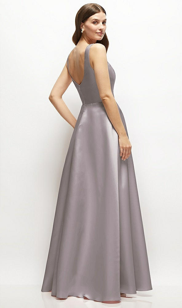 Back View - Cashmere Gray Square-Neck Satin Maxi Dress with Full Skirt