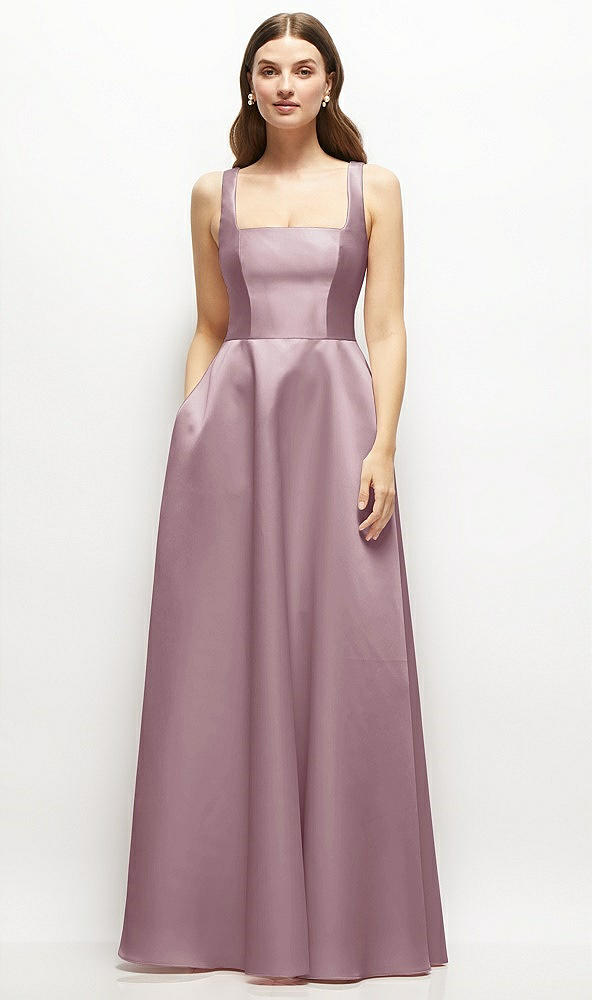 Front View - Dusty Rose Square-Neck Satin Maxi Dress with Full Skirt