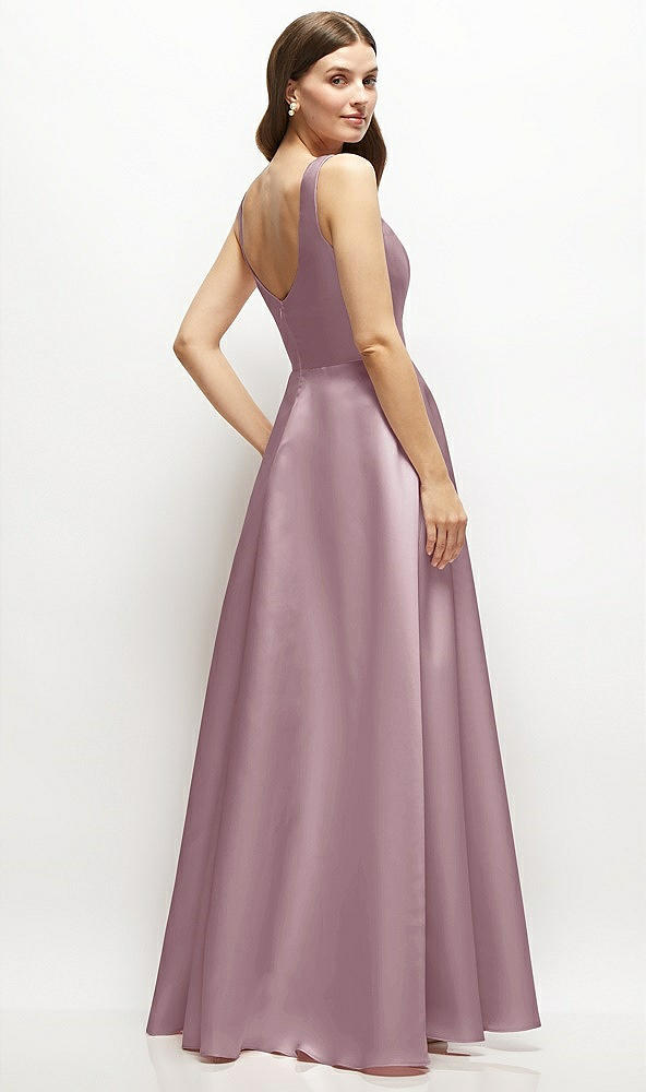 Back View - Dusty Rose Square-Neck Satin Maxi Dress with Full Skirt