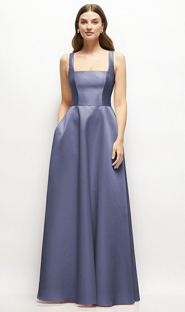 Front View - French Blue Square-Neck Satin Maxi Dress with Full Skirt
