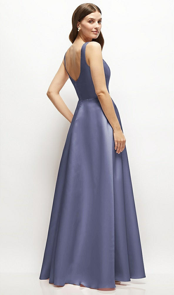 Back View - French Blue Square-Neck Satin Maxi Dress with Full Skirt