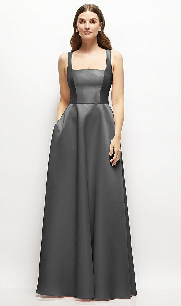 Front View - Gunmetal Square-Neck Satin Maxi Dress with Full Skirt