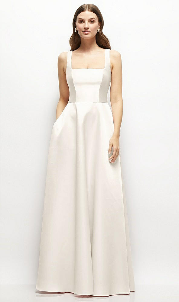 Front View - Ivory Square-Neck Satin Maxi Dress with Full Skirt