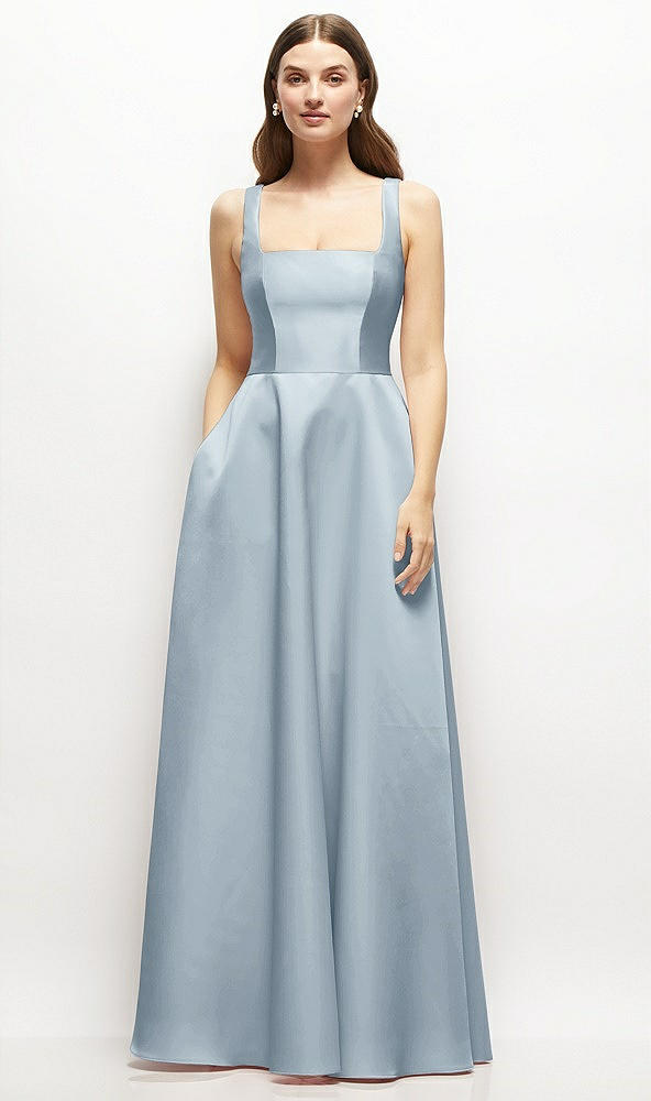 Front View - Mist Square-Neck Satin Maxi Dress with Full Skirt