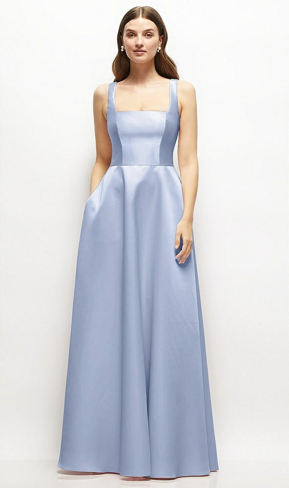 Front View - Sky Blue Square-Neck Satin Maxi Dress with Full Skirt