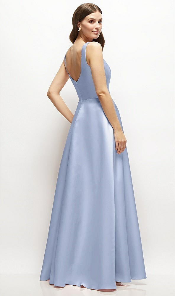Back View - Sky Blue Square-Neck Satin Maxi Dress with Full Skirt
