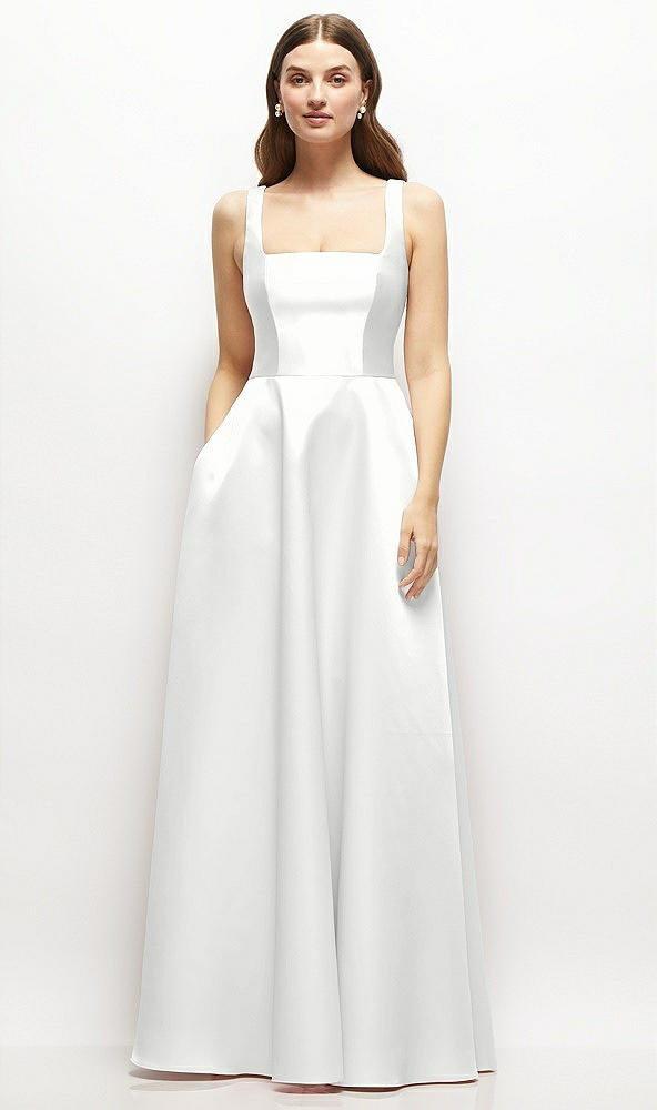 Front View - White Square-Neck Satin Maxi Dress with Full Skirt