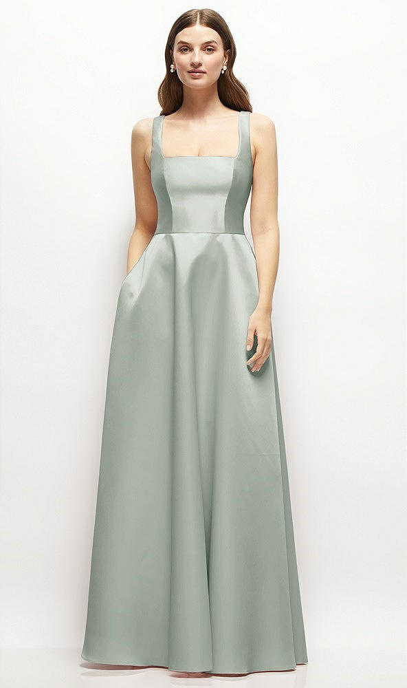 Front View - Willow Green Square-Neck Satin Maxi Dress with Full Skirt
