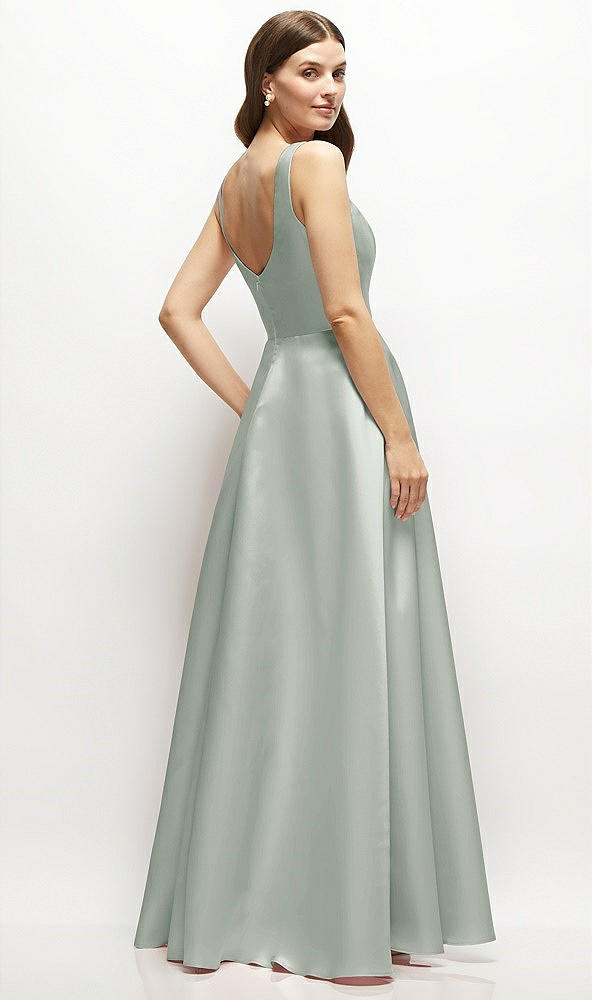 Back View - Willow Green Square-Neck Satin Maxi Dress with Full Skirt