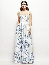 Front View Thumbnail - Cottage Rose Larkspur Floral Square-Neck Satin Maxi Dress with Full Skirt