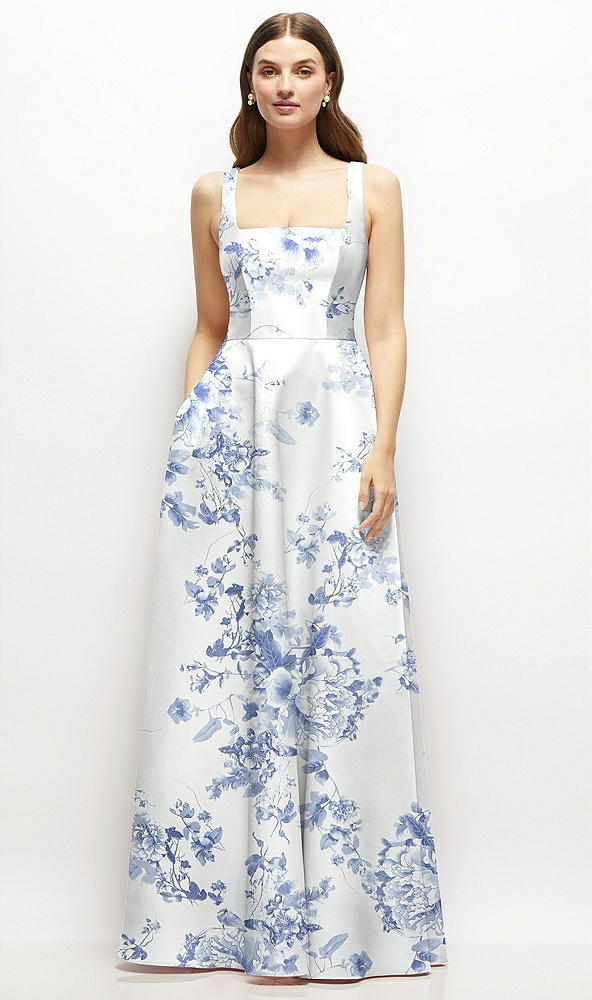 Front View - Cottage Rose Larkspur Floral Square-Neck Satin Maxi Dress with Full Skirt