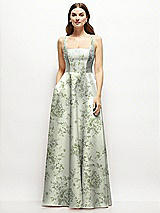 Front View Thumbnail - Cottage Rose Sage Floral Square-Neck Satin Maxi Dress with Full Skirt