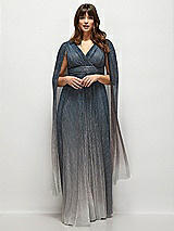 Front View Thumbnail - Cosmic Blue Streamer Sleeve Ombre Pleated Metallic Maxi Dress