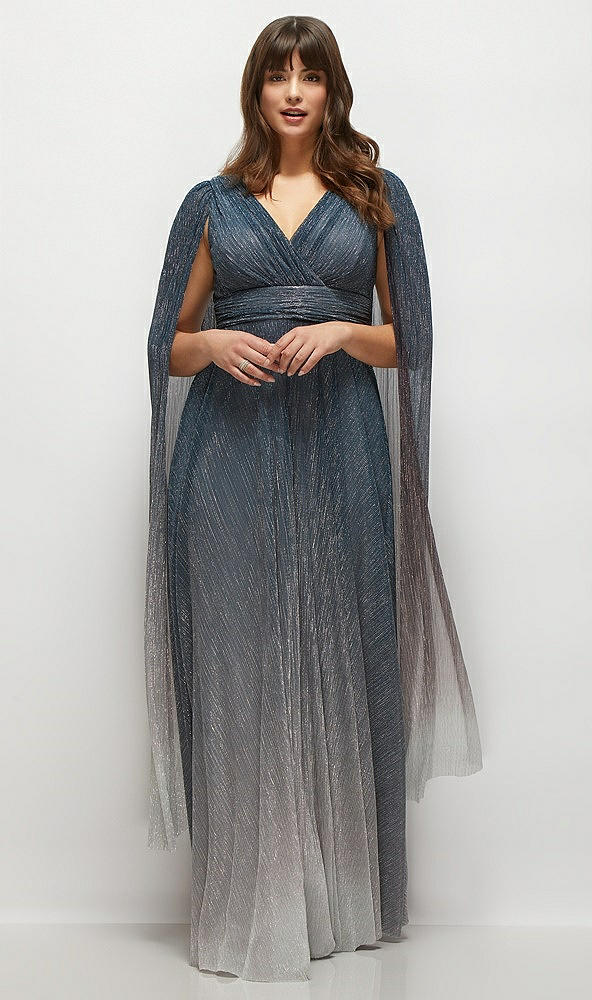 Front View - Cosmic Blue Streamer Sleeve Ombre Pleated Metallic Maxi Dress