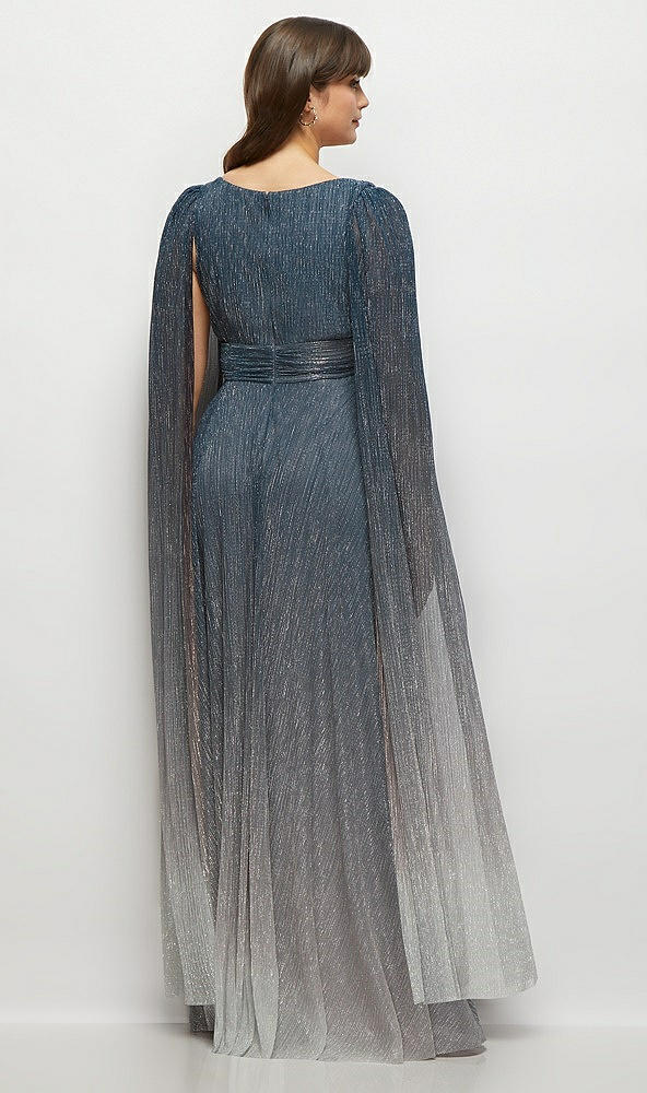 Back View - Cosmic Blue Streamer Sleeve Ombre Pleated Metallic Maxi Dress