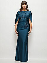Alt View 1 Thumbnail - Atlantic Blue Draped Stretch Satin Maxi Dress with Built-in Capelet