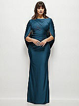 Front View Thumbnail - Atlantic Blue Draped Stretch Satin Maxi Dress with Built-in Capelet