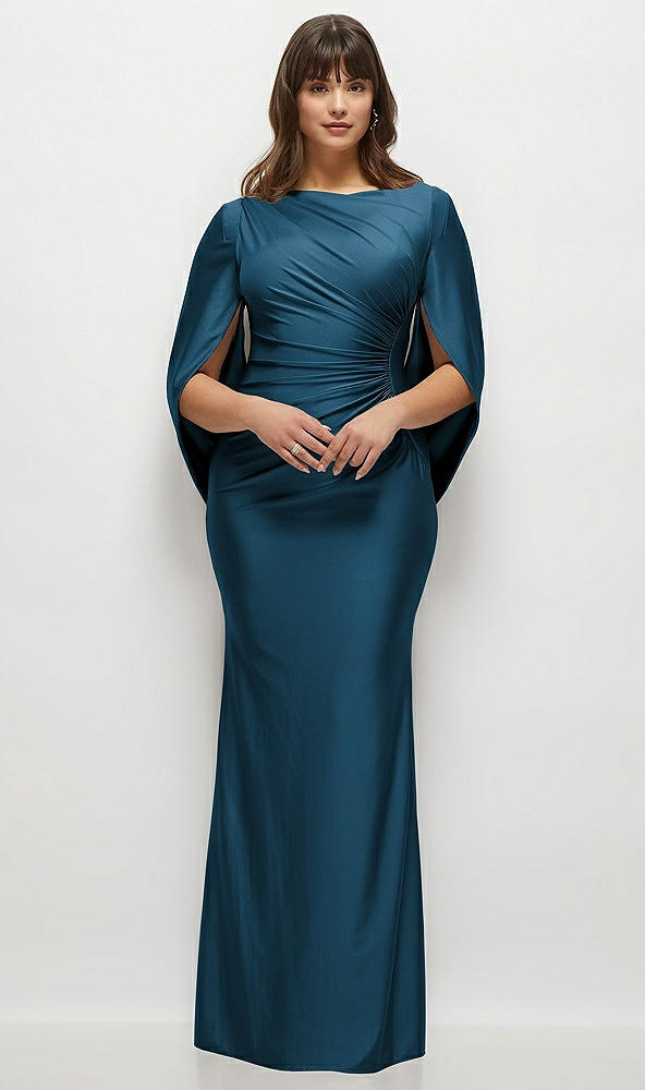 Front View - Atlantic Blue Draped Stretch Satin Maxi Dress with Built-in Capelet
