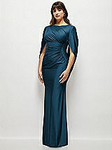Side View Thumbnail - Atlantic Blue Draped Stretch Satin Maxi Dress with Built-in Capelet