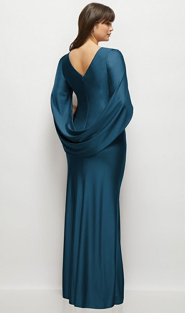 Back View - Atlantic Blue Draped Stretch Satin Maxi Dress with Built-in Capelet