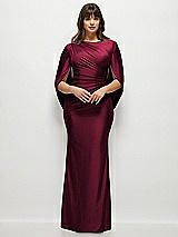 Front View Thumbnail - Cabernet Draped Stretch Satin Maxi Dress with Built-in Capelet