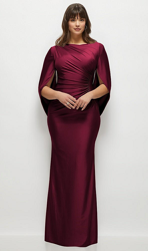 Front View - Cabernet Draped Stretch Satin Maxi Dress with Built-in Capelet
