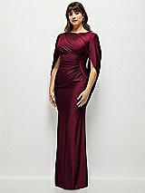 Side View Thumbnail - Cabernet Draped Stretch Satin Maxi Dress with Built-in Capelet