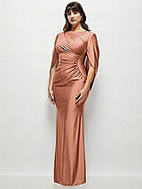 Side View Thumbnail - Copper Penny Draped Stretch Satin Maxi Dress with Built-in Capelet