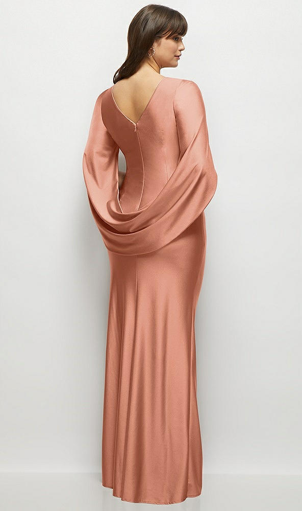 Back View - Copper Penny Draped Stretch Satin Maxi Dress with Built-in Capelet