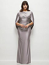 Front View Thumbnail - Cashmere Gray Draped Stretch Satin Maxi Dress with Built-in Capelet