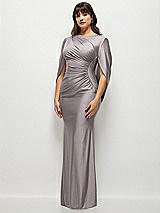 Side View Thumbnail - Cashmere Gray Draped Stretch Satin Maxi Dress with Built-in Capelet