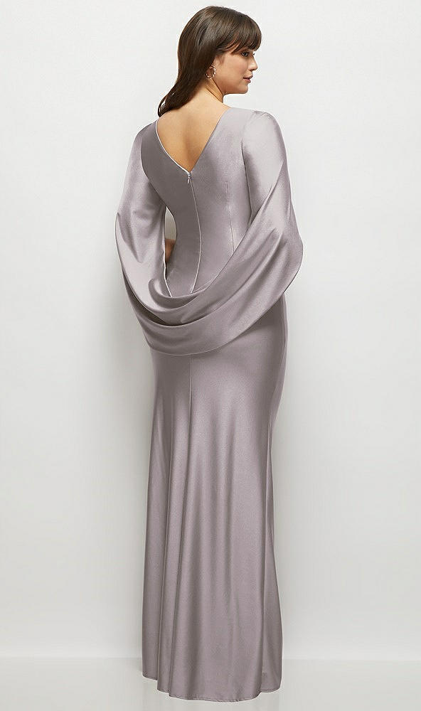 Back View - Cashmere Gray Draped Stretch Satin Maxi Dress with Built-in Capelet