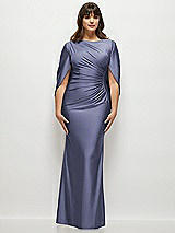 Alt View 1 Thumbnail - French Blue Draped Stretch Satin Maxi Dress with Built-in Capelet