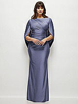 Front View Thumbnail - French Blue Draped Stretch Satin Maxi Dress with Built-in Capelet