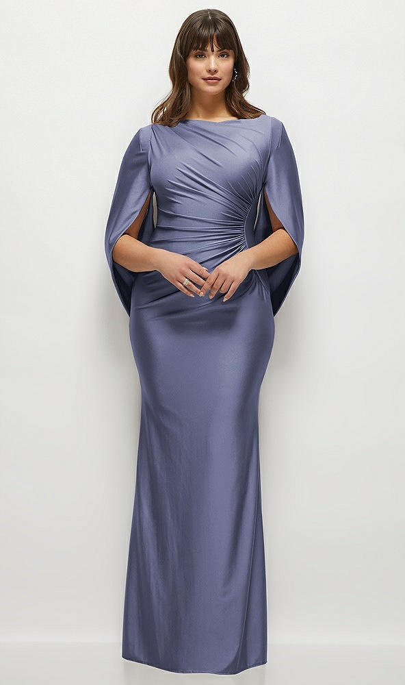 Front View - French Blue Draped Stretch Satin Maxi Dress with Built-in Capelet