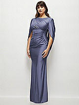 Side View Thumbnail - French Blue Draped Stretch Satin Maxi Dress with Built-in Capelet
